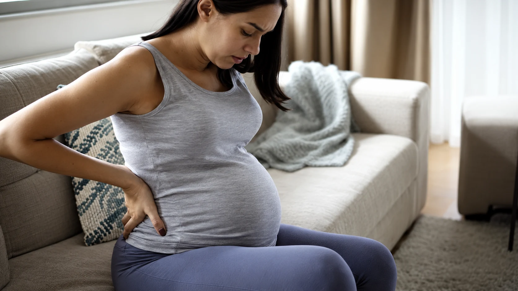 Gestante sentada no sofá com a mão nas costas