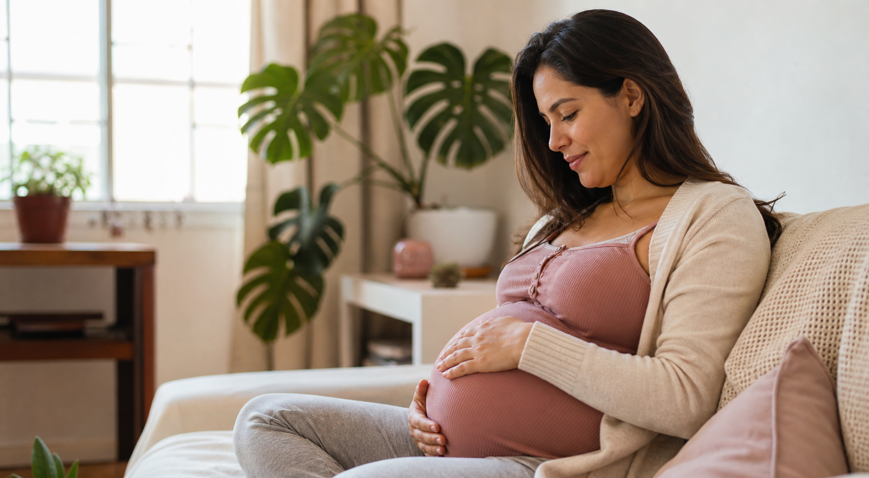 Gestante em casa com a mão na barriga